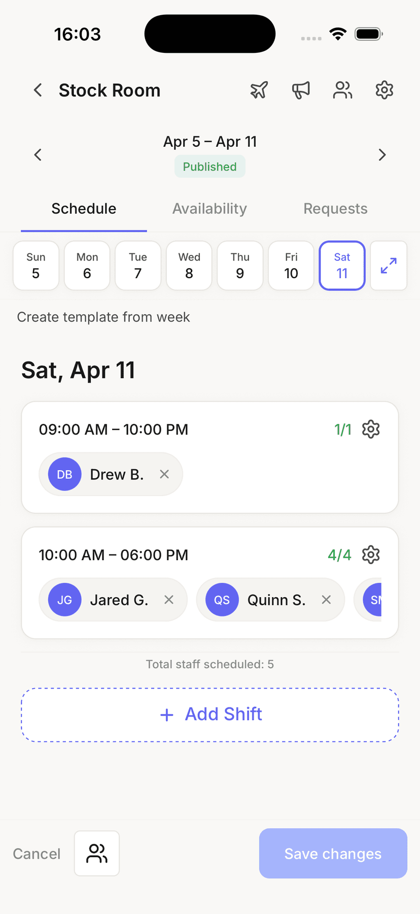 Availy manager edit schedule view with shift assignments and add shift button