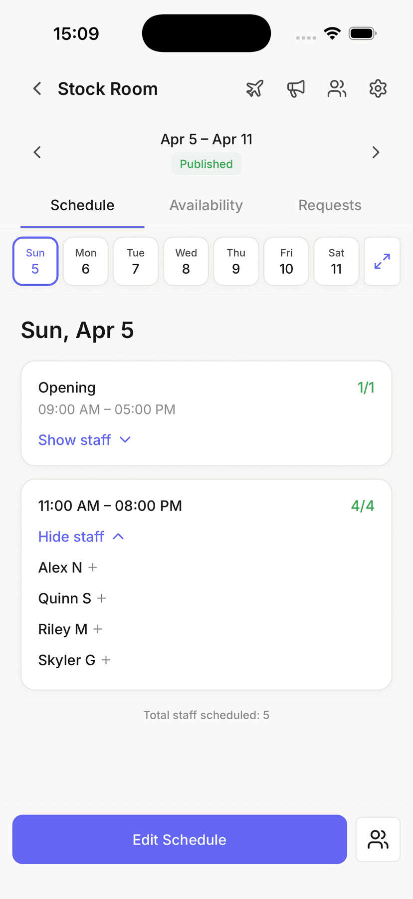 Availy manager weekly shift schedule view showing assigned staff and time slots