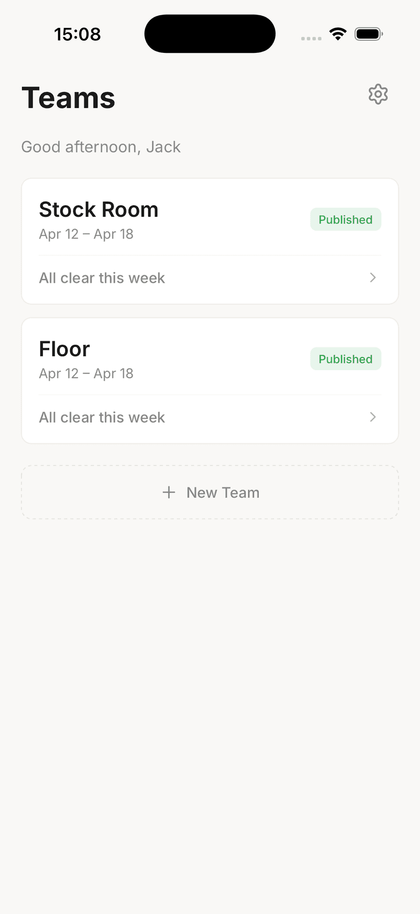Availy manager teams overview showing multiple teams with published schedules
