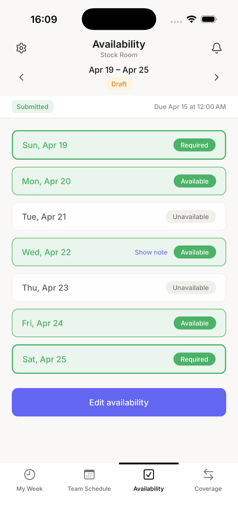 Availy staff availability submission screen with required and available days marked