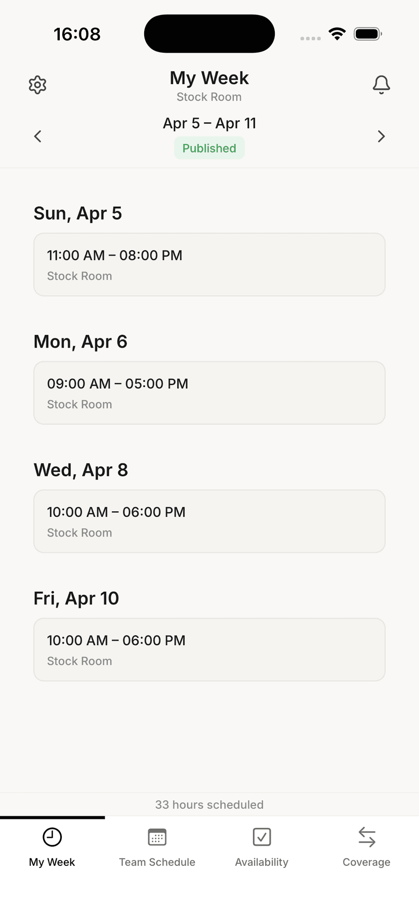 Availy staff My Week view showing upcoming shift times and locations