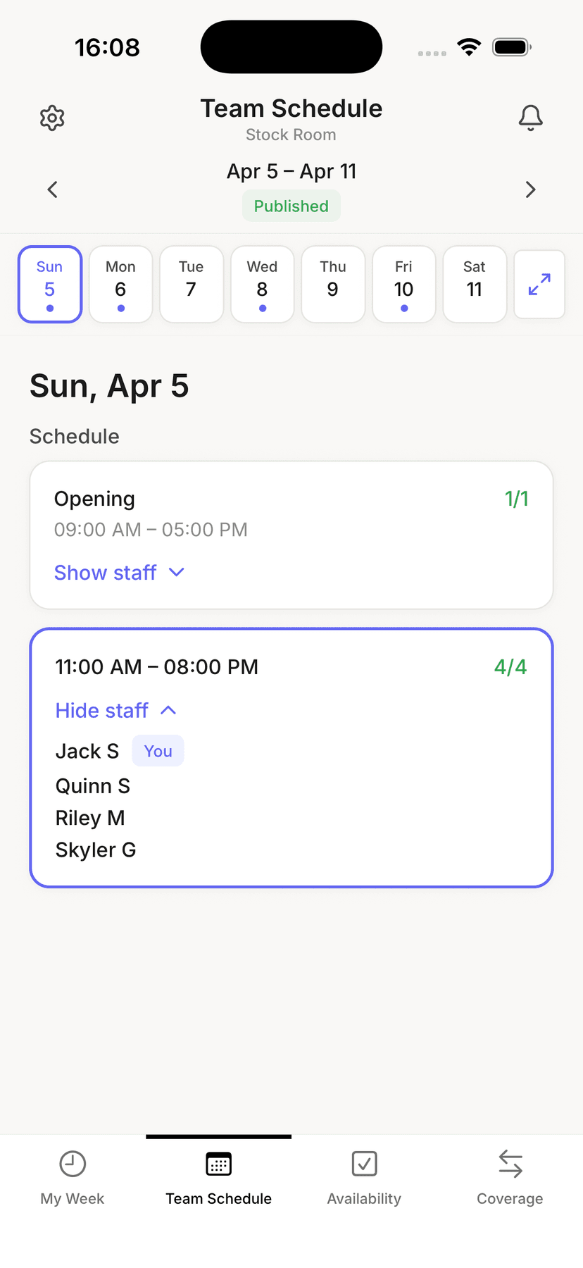 Availy team schedule view showing daily shifts with assigned staff members